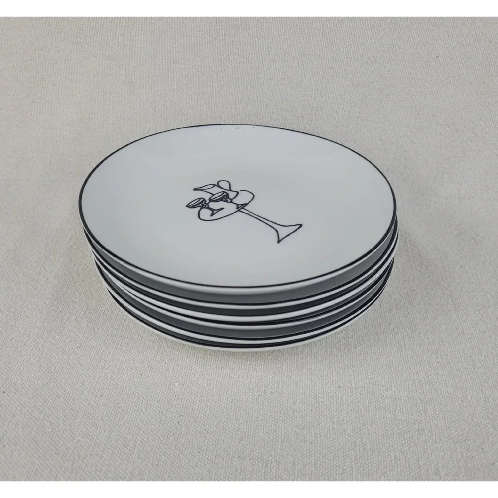 Crate & Barrel Ceramic Party Plates Appetizer Whimsical Lounge Scenes Set of‎ 6